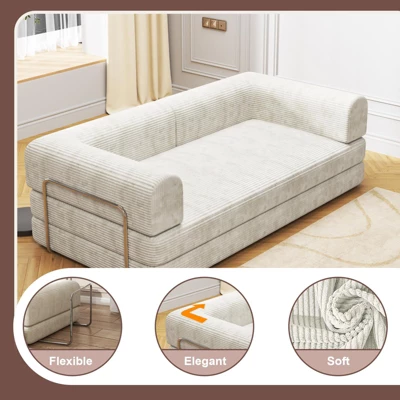 Convertible Corduroy Sleeper Sofa Bed, 3-Seater Folding Futon Couch With Fixed Frame, King Size Fold Out Floor Sofa, No Assembly Couch 3 Convertible Corduroy Sleeper Sofa Bed, 3-Seater Folding Futon Couch With Fixed Frame, King Size Fold Out Floor Sofa, No Assembly Couch - Image 3