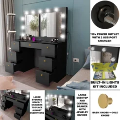 Boahaus Juliana Lighted Makeup Vanity With 7 Drawers USB Ports And Power Outlet