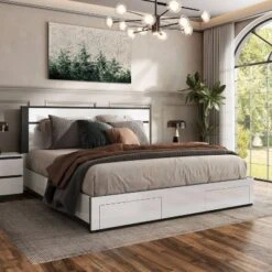 California King Pape Platform Bed With 2 Foot Drawers White/Metallic Gray - MiBasics: Contemporary Storage, No Box Spring Needed -Baxton Studio Sale Shop GUEST c63c333f 011a 4cc6 93b4 57b8a95ad077