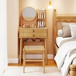 Costway 23.5" Compact Makeup Table Set With 2 Drawers Open Storage Shelves Vanity Stool 9 Costway 23.5" Compact Makeup Table Set With 2 Drawers Open Storage Shelves Vanity Stool -Baxton Studio Sale Shop GUEST c6c970bd b7a2 40b0 bb86 1fce2e5fd54b