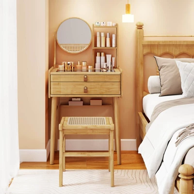 Costway 23.5" Compact Makeup Table Set With 2 Drawers Open Storage Shelves Vanity Stool 3 Costway 23.5" Compact Makeup Table Set With 2 Drawers Open Storage Shelves Vanity Stool - Image 3