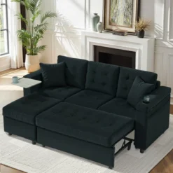 Convertible Sleeper Sofa, Pull Out Sofa With Storage, 84" L-Shaped Sofa Bed With Storage Chaise For Living Room, Apartment, Small Space