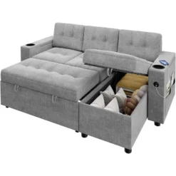 L-Shaped Sleeper Sofa Bed With Pull-Out Mattress, Storage Armrests, Cup Holders & USB, Space Saving Sectional Couch -Baxton Studio Sale Shop GUEST c7062cf3 e327 4a76 9344 0b2834f3bed9