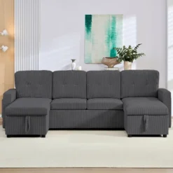 103"W Corduroy 4-Seater Modular Sleeper Sofa Bed With Storage Chaise,U-shaped Sofa With Pull-out Bed，Dark Grey -Baxton Studio Sale Shop GUEST c73ab585 74e4 43b0 a656 98a02ec07860