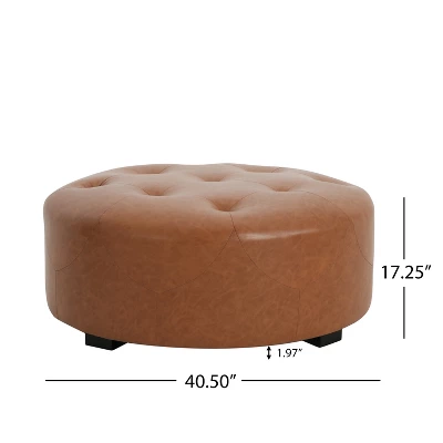 Christopher Knight Home Rafael Modern Button Tufted Faux Leather Round Ottoman, Light Brown 2 Christopher Knight Home Rafael Modern Button Tufted Faux Leather Round Ottoman, Light Brown - Image 2
