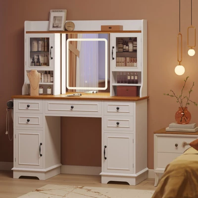 Vanity Desk With LED Lighted Mirror, Makeup Vanity Table With 5 Drawers, 4 Doors, And 3 Storage Shelves For Bedroom, Dressing Room 9 Vanity Desk With LED Lighted Mirror, Makeup Vanity Table With 5 Drawers, 4 Doors, And 3 Storage Shelves For Bedroom, Dressing Room - Image 9