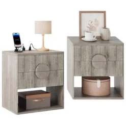 Fluted Nightstand With Charging Station - 2 Drawers + Open Shelf, Modern Wood Bedside Table For Bedroom & Living Room Storage -Baxton Studio Sale Shop GUEST ca7589ea c380 45ba 9b99 616eba498e87