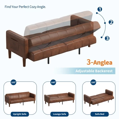 75" Futon Sofa Bed, Convertible Sleeper, Faux Leather Small Couch, Loveseat, Mid-Century Modern Couch For Living Room, Bedroom, Brown 6 75" Futon Sofa Bed, Convertible Sleeper, Faux Leather Small Couch, Loveseat, Mid-Century Modern Couch For Living Room, Bedroom, Brown - Image 6