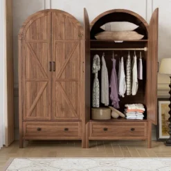 PAKASEPT 70.9‘’ Arched Wooden Armoire Wardrobe Closet With Drawers And Fluted Doors, With Light & Shelves And Hanging Rod, Brown -Baxton Studio Sale Shop GUEST cadbdea3 091c 49e8 8311 d49c3bd1b282