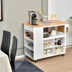 Costway Kitchen Island Trolley Cart On Wheels With Storage Open Shelves & Drawer White/Brown -Baxton Studio Sale Shop GUEST cb575784 d4cb 4c4b af74 cc5e406e3ecf
