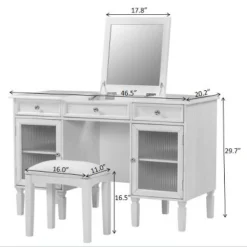 ModernLuxe Makeup Vanity Desk With Flip-Top Mirror, Stool, Drawer & Cabinet, White Vanity Table Dressing Table Multi-Functional Computer Writing Desk -Baxton Studio Sale Shop GUEST cb9040b1 f473 4bbd a8f4 72d00f34bbd5