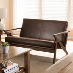Bianca Mid-Modern Walnut Wood Distressed Faux Leather 2 Seater Loveseat Dark Brown - Baxton Studio -Baxton Studio Sale Shop GUEST cb9850fb ca10 4e42 8bde d6844820136b