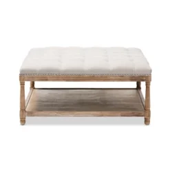 Carlotta French Country Weathered Oak Linen Square Coffee Table Ottoman Beige - Baxton Studio: Polyester Upholstery, No Assembly Required
