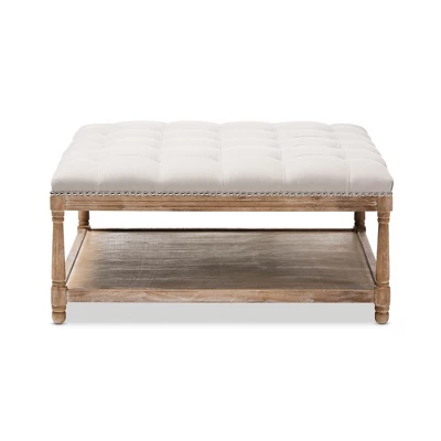 Carlotta French Country Weathered Oak Linen Square Coffee Table Ottoman Beige - Baxton Studio: Polyester Upholstery, No Assembly Required 1 Carlotta French Country Weathered Oak Linen Square Coffee Table Ottoman Beige - Baxton Studio: Polyester Upholstery, No Assembly Required