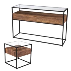 Slehidi Glass Top Console Table With Storage Black/Natural - Aiden Lane -Baxton Studio Sale Shop GUEST cdc07bda 6fb2 4d53 80d5 e090724919e8