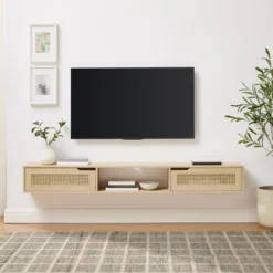 Modern Boho Floating TV Stand For TVs Up To 80" With Rattan Doors Coastal Oak - Saracina Home -Baxton Studio Sale Shop GUEST cdeb4d3e c8db 482f bceb 3f6259779594