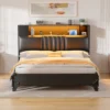 Aheaplus Upholstered Headboard With Storage Shelf And Small Cabinet, Headboard Power Outlet And LED Light