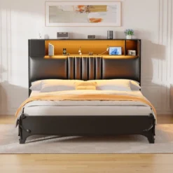 Aheaplus Upholstered Headboard With Storage Shelf And Small Cabinet, Headboard Power Outlet And LED Light