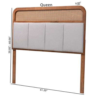 Baxton Studio Queen Esti Fabric And Wood Headboard With Rattan Light Gry/Ash Walnut: Mid-Century Design, 5 Adjustable Heights 6 Baxton Studio Queen Esti Fabric And Wood Headboard With Rattan Light Gry/Ash Walnut: Mid-Century Design, 5 Adjustable Heights - Image 6