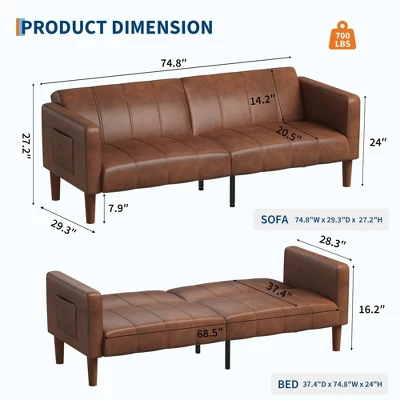 75" Futon Sofa Bed, Convertible Sleeper, Faux Leather Small Couch, Loveseat, Mid-Century Modern Couch For Living Room, Bedroom, Brown 5 75" Futon Sofa Bed, Convertible Sleeper, Faux Leather Small Couch, Loveseat, Mid-Century Modern Couch For Living Room, Bedroom, Brown - Image 5