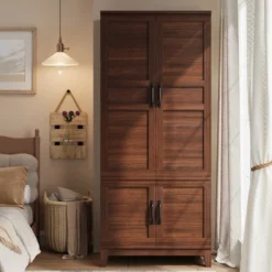 Armoire Wardrobe Closet With 4 Doors,72" Wooden Wardrobe Cabinet With Hanging Rod, Tall Armoire With 18 Adjustable Shelves For Bedroom, Clothes -Baxton Studio Sale Shop GUEST cf8a0179 76e7 4203 802d e78ab7a57962