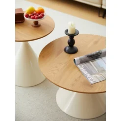 2-Piece Modern Round Coffee Table Set With Brown Wood Veneer Top And White Metal Cone Base For Living Room-Baofuwish -Baxton Studio Sale Shop GUEST cfb6c876 f3d9 45a0 96b3 39012511aec4
