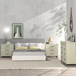 Festivo 3pc Contemporary 9 Drawer Dresser And 3 Drawer Nightstand Set Saw Cut Off-White: MDF, Metal Legs, Anti-Tip