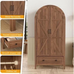 PAKASEPT 70.9‘’ Arched Wooden Armoire Wardrobe Closet With Drawers And Fluted Doors, With Light & Shelves And Hanging Rod, Brown -Baxton Studio Sale Shop GUEST d0bab233 12f5 4c80 bd82 c252fc5b3515