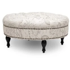 Palfrey Tufted Ottoman Beige - Baxton Studio: Eucalyptus Frame, Linen Upholstery, French Script Print -Baxton Studio Sale Shop GUEST d0db4838 04c6 4a98 970b fe61544525f6