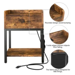 FABATO End Table And Nightstand W/ USB Charging Station And Power Supply Cord For Living Rooms And Bedrooms, Side Storage Bag Included, Rustic Brown