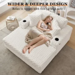 60" Oversized Plush Chaise Lounge W/ Pillows & Armrests - Convertible Sleeper Sofa Bed For LR/Bedroom, Modern Upholstered Reading Chair