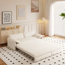 Whison 3-in-1 Velvet Queen Sleeper Sofa Bed & Chaise Lounge With Side Storage Pockets, 2 Seats