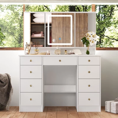 Famapy 43"W Large Vanity Table 9-Drawer Vanity Set With Crystal Pulls And Versatile Mirror Lighting 2 Famapy 43"W Large Vanity Table 9-Drawer Vanity Set With Crystal Pulls And Versatile Mirror Lighting - Image 2