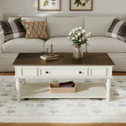 Christopher Knight Home Sana Retro Rubberwood Coffee Table With One Drawer, Shelf And Lockable Wheels -Baxton Studio Sale Shop GUEST d3161d50 bb35 411d a74b cc7757460119