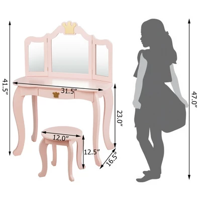 Costway Kids Makeup Dressing Table Chair Set Princess Vanity & Tri-folding Mirror 1 Costway Kids Makeup Dressing Table Chair Set Princess Vanity & Tri-folding Mirror