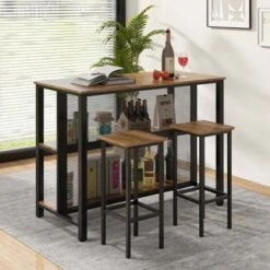 Costway 36" Tall 3-Tier Bar Table With Storage Metal Frame Adjustable Foot Pads Rustic Brown/Grey -Baxton Studio Sale Shop GUEST d61aae20 9154 4a9d ae03 a0c18ebb6189