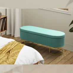 Nuria 50" Wide Modern Upholstered Flip Top Storage Bench With Golden Metal C-shaped Sled Legs For Living Room | ARTFUL LIVING DESIGN -Baxton Studio Sale Shop GUEST d6460dcf b332 4c40 9acb 4d1ef435d994