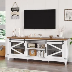 Whizmax Modern TV Stands For Living Room With Adjustable Shelf, 65 Inch TV Stand Entertainment Center With Storage And Sliding Barn Doors (White)