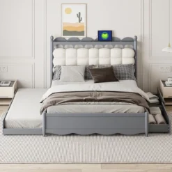 Queen Size Wooden Storage Platform Bed With 2 Drawers And Twin-XL Size Trundle, Bed Frame With Upholstered Headboard & USB Ports - ModernLuxe