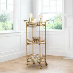 Zamora 3 Tier Cylinder Gold Bar Cart Gold - Abbyson Living