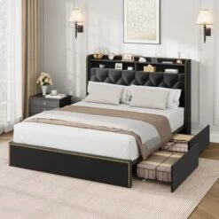 Garvee Upholstered Queen Size Bed Frame With 4 Drawers, Black Velvet Queen Platform With Tufted Headboard And Nailhead Design, No Box Spring Needed -Baxton Studio Sale Shop GUEST d9dfa986 d286 47ac 8db8 865cfd57f696