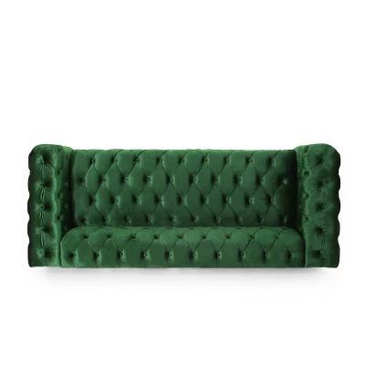 Sagewood Contemporary Velvet Tufted 3 Seater Sofa Emerald/Espresso - Christopher Knight Home 4 Sagewood Contemporary Velvet Tufted 3 Seater Sofa Emerald/Espresso - Christopher Knight Home - Image 4