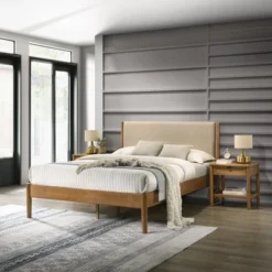 Roundhill Furniture Vichy 3-Piece Rubberwood Bedroom Set, Platform Bed With Two Nightstands