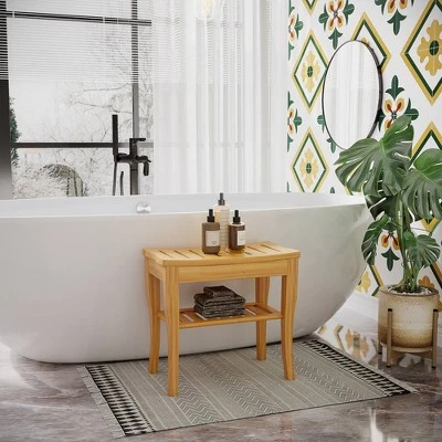 HOMCOM Long Bamboo Shower Bench Seat, 20" Wooden Spa Shower Stool With Underneath Storage Shelf Shoe Organizer 2 HOMCOM Long Bamboo Shower Bench Seat, 20" Wooden Spa Shower Stool With Underneath Storage Shelf Shoe Organizer - Image 2