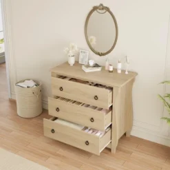 Garvee Natural 3 Drawer Dresser, Mid-Century Nightstand 3 Chest Of Drawer With Curved Leg Bedside End Table For Living Room Bedroom Entryway Nursery