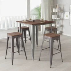 Merrick Lane Set Of 4 30 Inch Tall Clear Coated Gray Metal Bar Counter Stool With Textured Walnut Elm Wood Seat