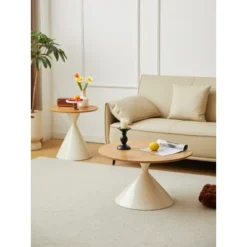 2-Piece Modern Round Coffee Table Set With Brown Wood Veneer Top And White Metal Cone Base For Living Room-Baofuwish