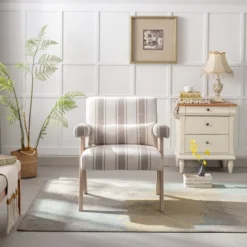 Megan 27.56" Wide Striped Upholstered Seat And Lumbar Pillow With Oak "V" Shape Solid Wood Legs Accent Chair With Arm Pads-The Pop Maison -Baxton Studio Sale Shop GUEST dd845f37 f389 40e6 836b bd1f0c285642