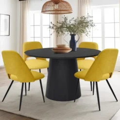 Dwen+Edwin 5-Piece 46" Manufactured Grain And 21.6" Wider Seat 4 Upholstered Fabric Chairs Modern Round Dining Table Set-The Pop Maison -Baxton Studio Sale Shop GUEST dd985349 4db9 40d2 b653 395e7a360044