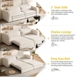 TiramisuBest 93" King Size 3-in-1 Convertible Sleeper Sofa Bed With Chaise Lounge And 2 Lumbar Pillows,Beige -Baxton Studio Sale Shop GUEST de1efbc2 07f4 4d22 b512 693452037964